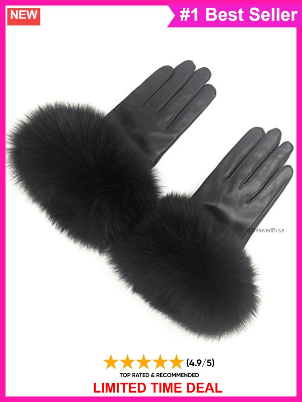Lambskin Leather Gloves with Fox Fur Trim Coral Fleece Lined Winter